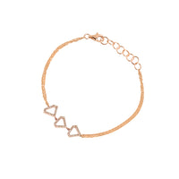 Rose Gold Open Shield Bracelet: A 14K gold bracelet with three diamond-embedded hollow diamond shapes, adjustable length with a lobster clasp, on a white background.