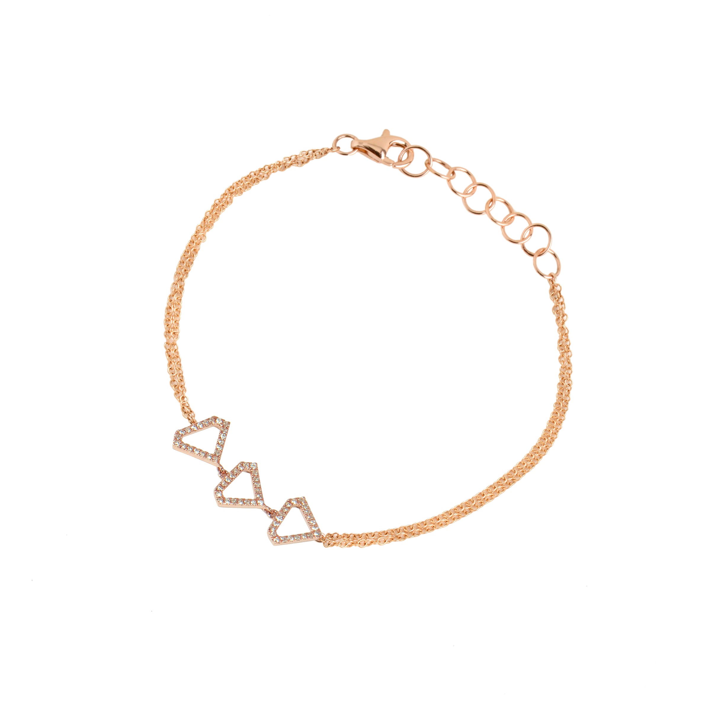 Rose Gold Open Shield Bracelet: A 14K gold bracelet with three diamond-embedded hollow diamond shapes, adjustable length with a lobster clasp, on a white background.