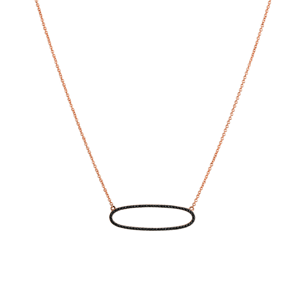 Rose Gold Reversible Diamond Oval Necklace: A 14K gold necklace featuring an oval of white diamonds on one side and black diamonds on the other, with a lobster clasp fastening.
