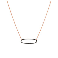Rose Gold Reversible Diamond Oval Necklace: A 14K gold necklace featuring an oval of white diamonds on one side and black diamonds on the other, with a lobster clasp fastening.