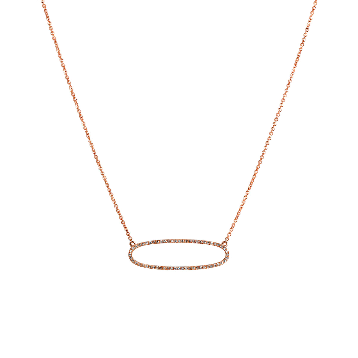 Rose Gold Reversible Diamond Oval Necklace: A 14K gold necklace featuring an oval of white diamonds on one side and black diamonds on the other, with a lobster clasp fastening.