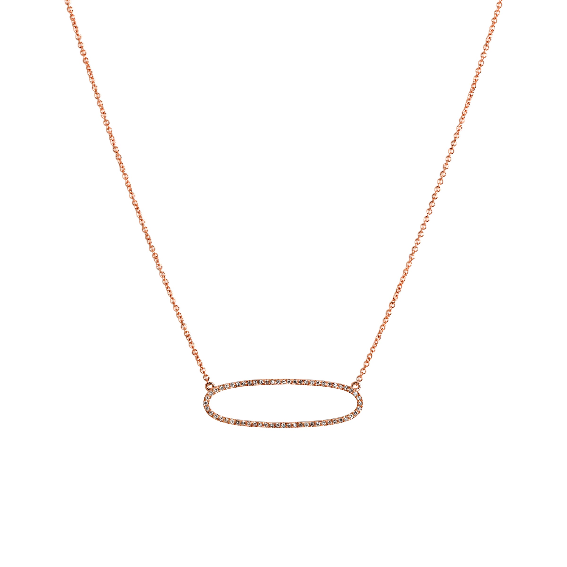Rose Gold Reversible Diamond Oval Necklace: A 14K gold necklace featuring an oval of white diamonds on one side and black diamonds on the other, with a lobster clasp fastening.