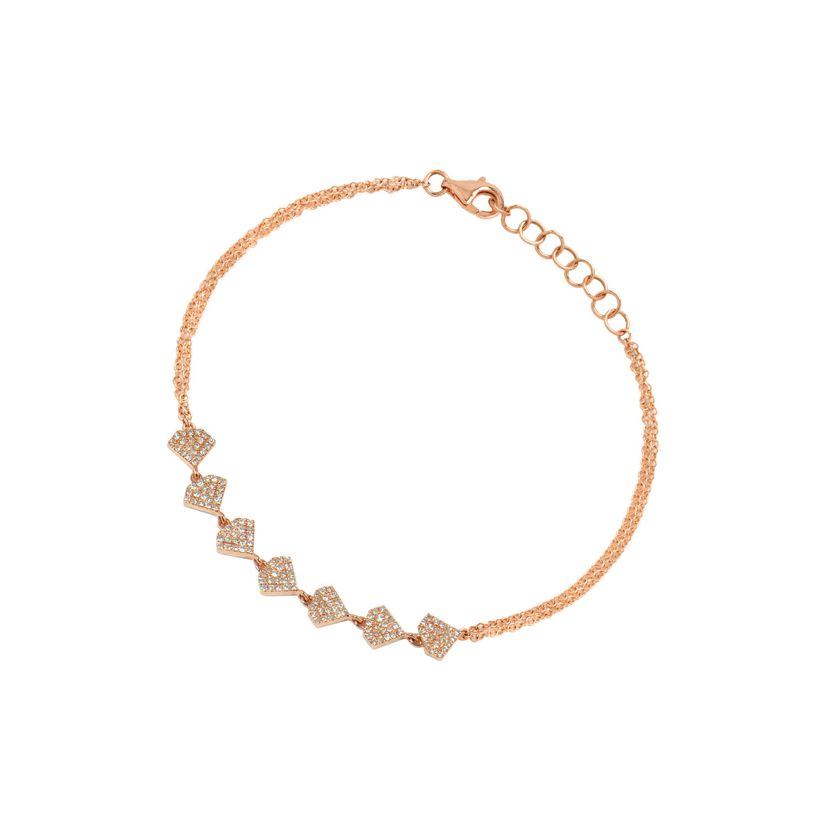 Rose Gold Shield Bracelet: A 14K gold bracelet with seven diamond-embedded diamond shapes, adjustable length with a lobster clasp, on a white background.