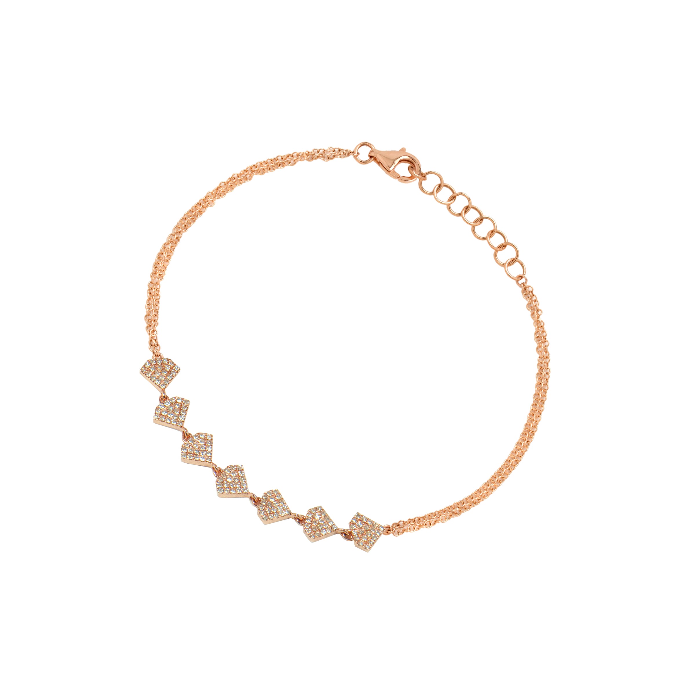 Rose Gold Shield Bracelet: A 14K gold bracelet with seven diamond-embedded diamond shapes, adjustable length with a lobster clasp, on a white background.