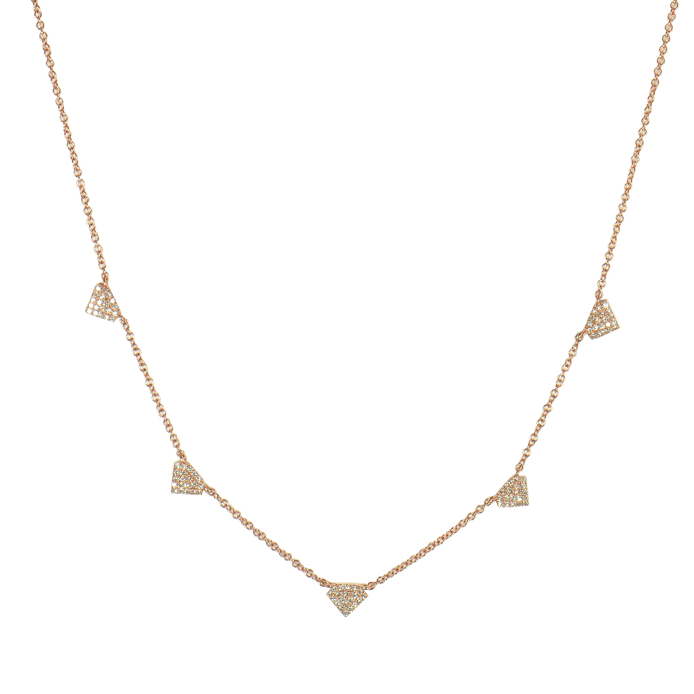 Rose Gold Shield Necklace: 14K white gold diamond-weight necklace with a lobster clasp fastening and adjustable length.