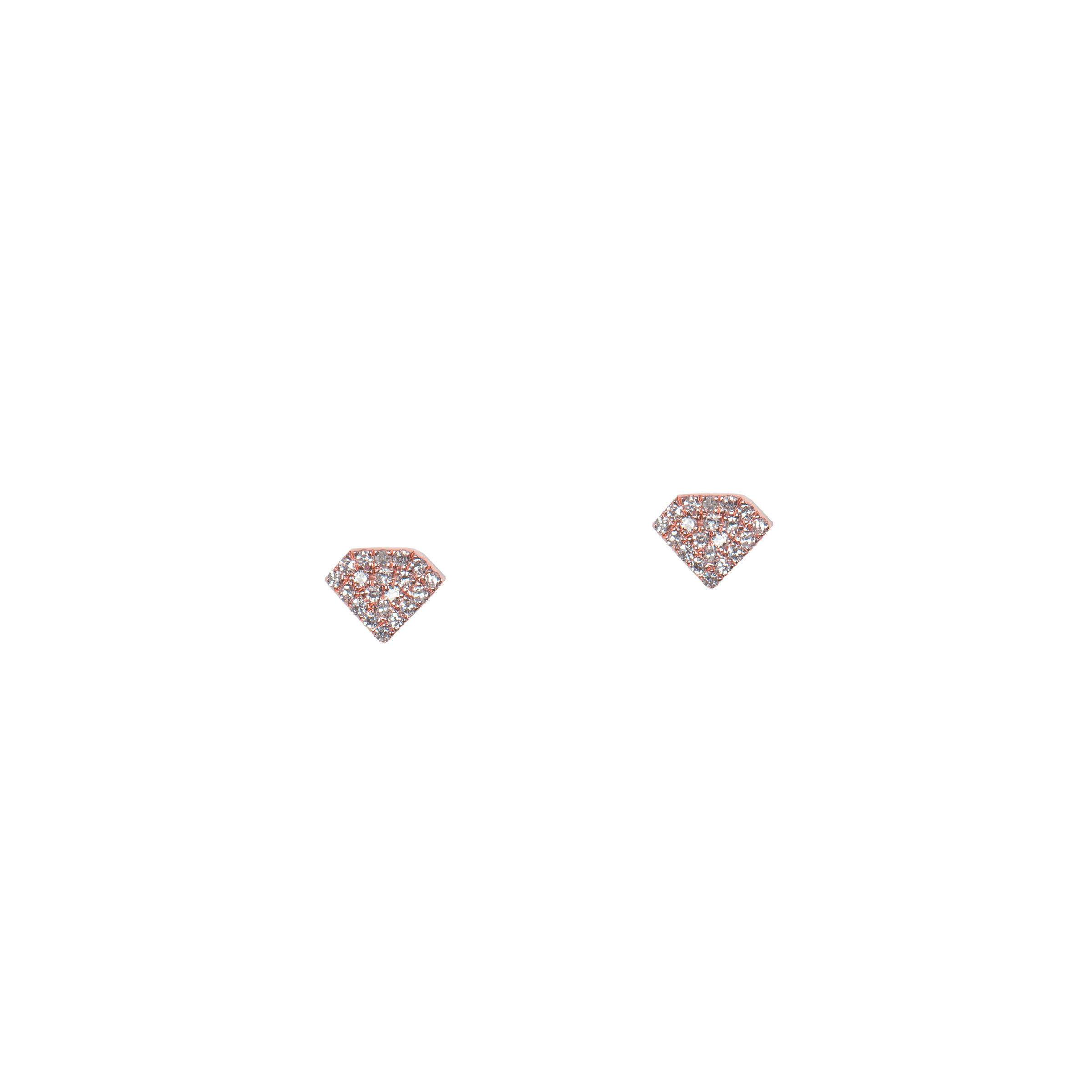 Rose Gold Shield Studs: A pair of 14K gold diamond diamond shaped stud earrings.