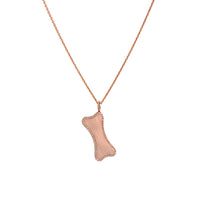 Rose Gold Small Diamond Dog Bone Necklace: A 14K gold engravable dog bone pendant surrounded by diamonds on a chain.