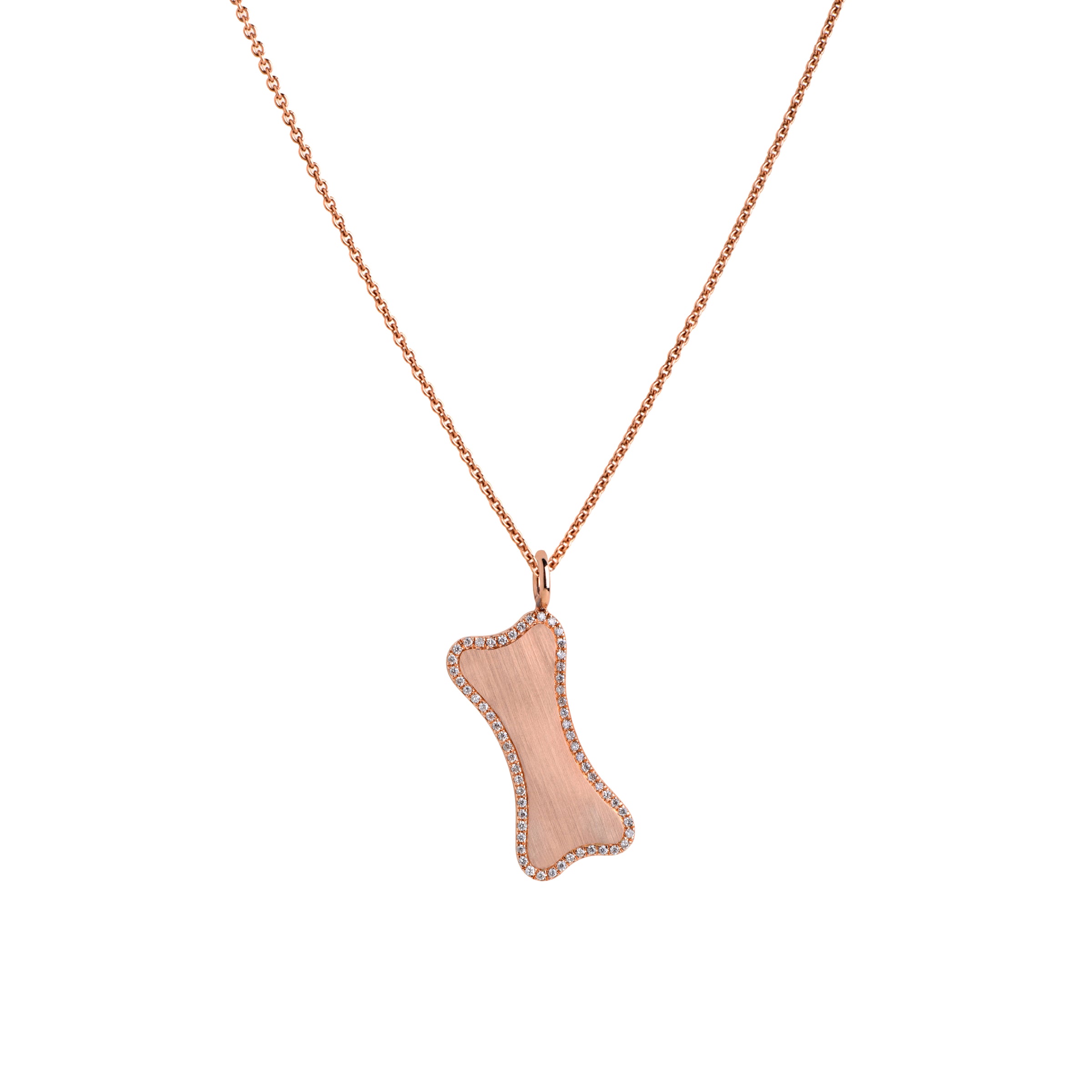 Rose Gold Small Diamond Dog Bone Necklace: A 14K gold engravable dog bone pendant surrounded by diamonds on a chain.