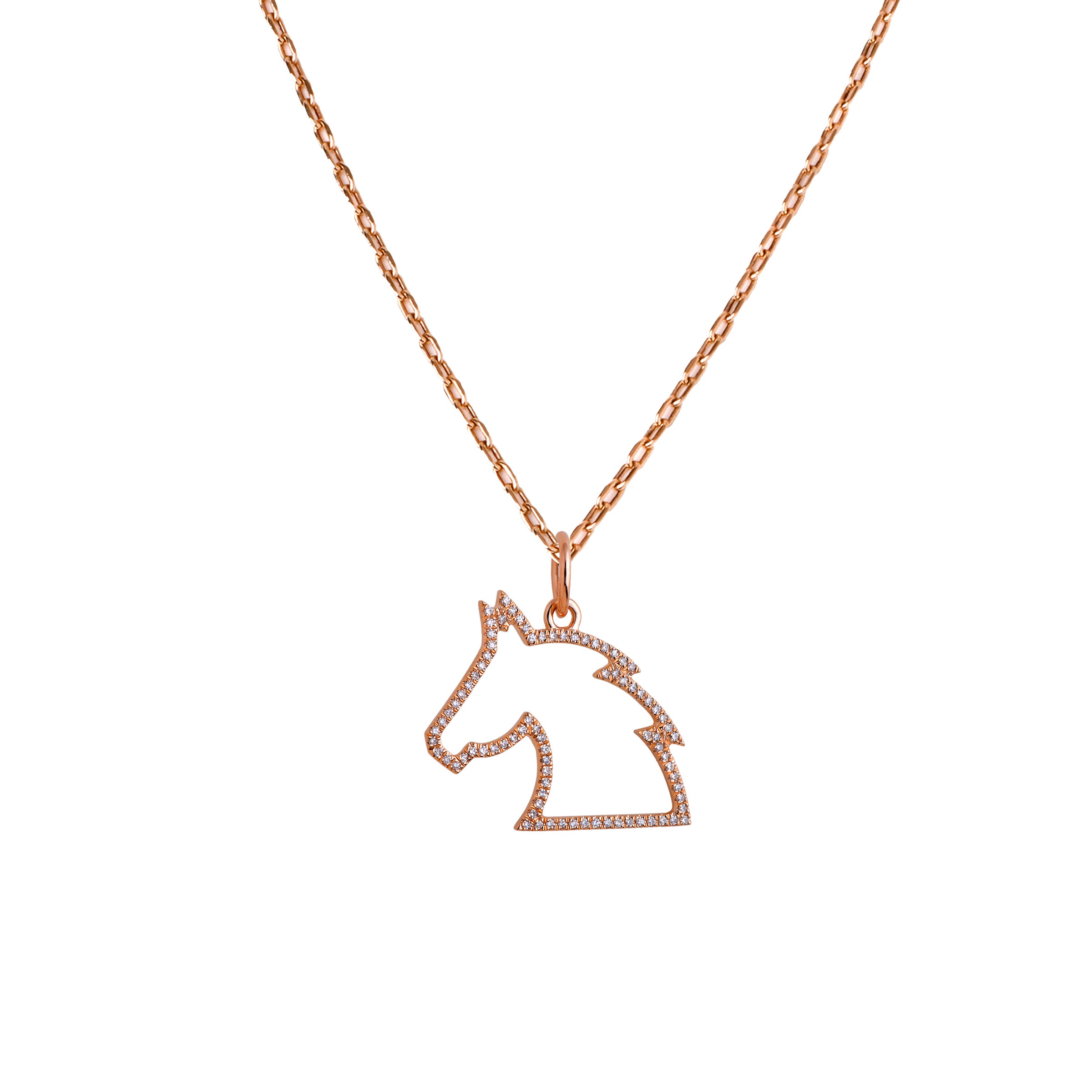 Rose Gold Small Horse Head Necklace: A 14K gold diamond pendant in the shape of a small horse head, with a chain necklace.