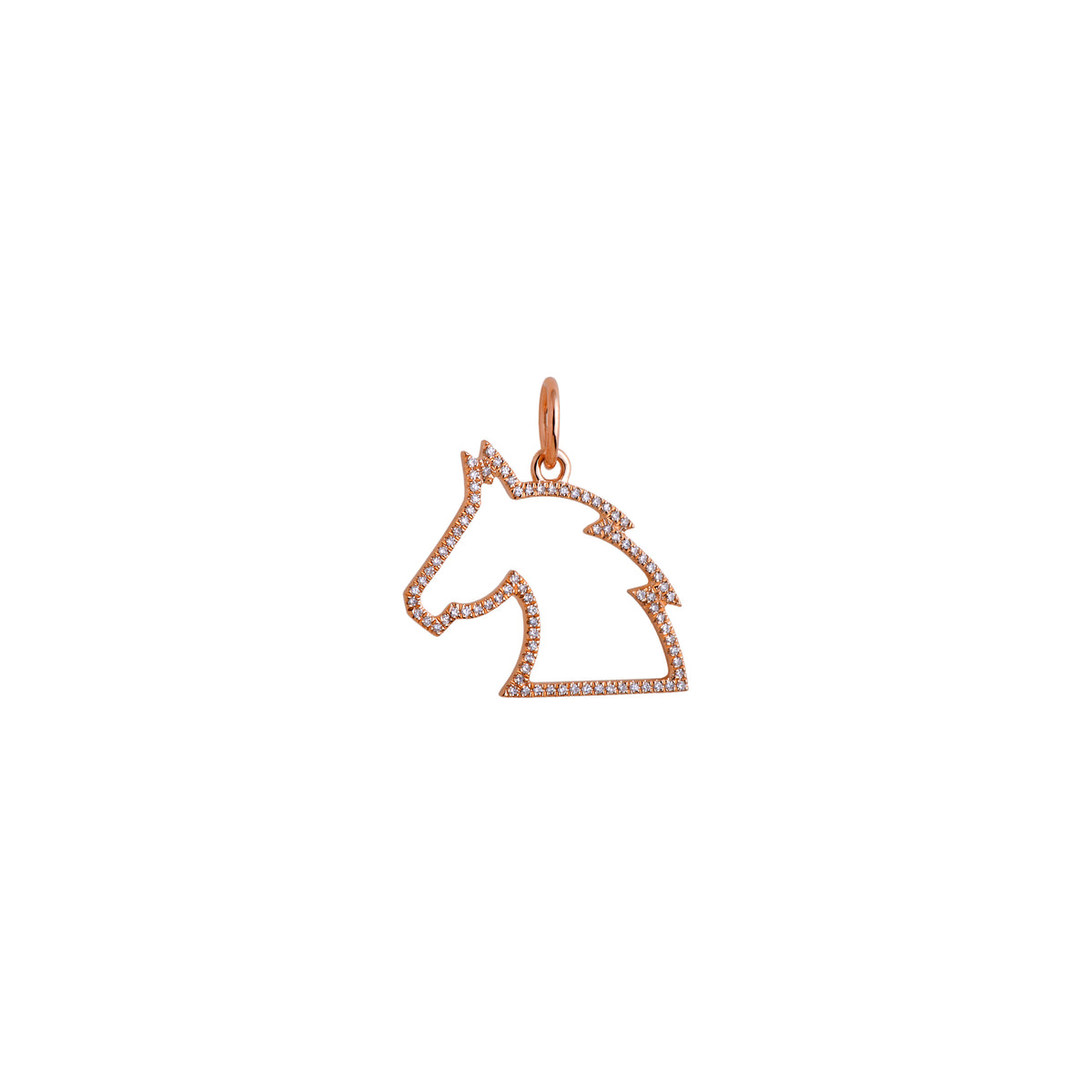 Rose Gold Small Horse Head Pendant: A 14K gold diamond pendant in the shape of a small horse head