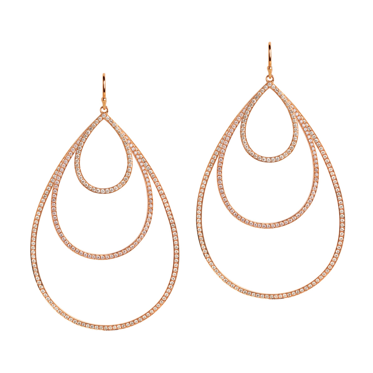 Rose Gold Small, Medium, & Large Diamond Teardrops: A pair of 14K gold diamond earrings that are a combination of three teardrop design earrings of different sizes, displayed against a white background.
