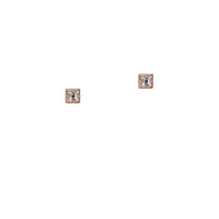 Rose Gold Square Studs: A pair of 14K gold square-shaped earrings, featuring a central white topaz and surrounding diamonds.