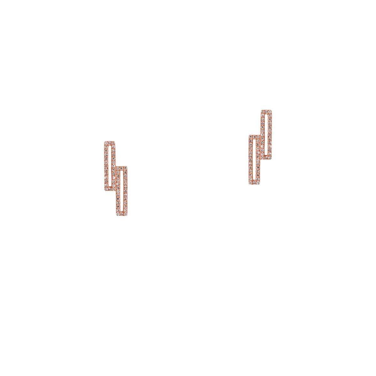 Rose Gold Staggered Open Bar Diamond Studs: a pair of 14K gold studs  that consist of two diamond-encrusted open bars 