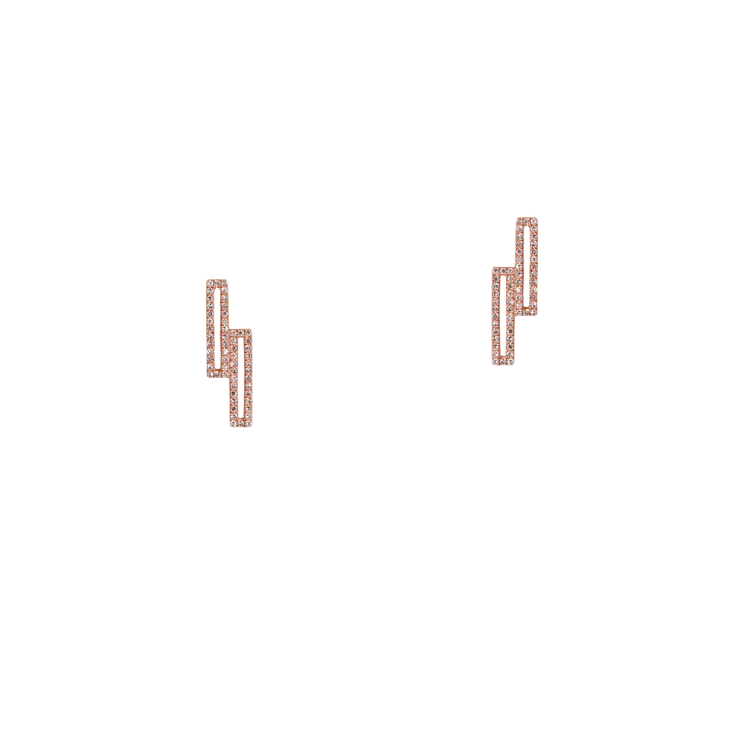 Rose Gold Staggered Open Bar Diamond Studs: a pair of 14K gold studs  that consist of two diamond-encrusted open bars 