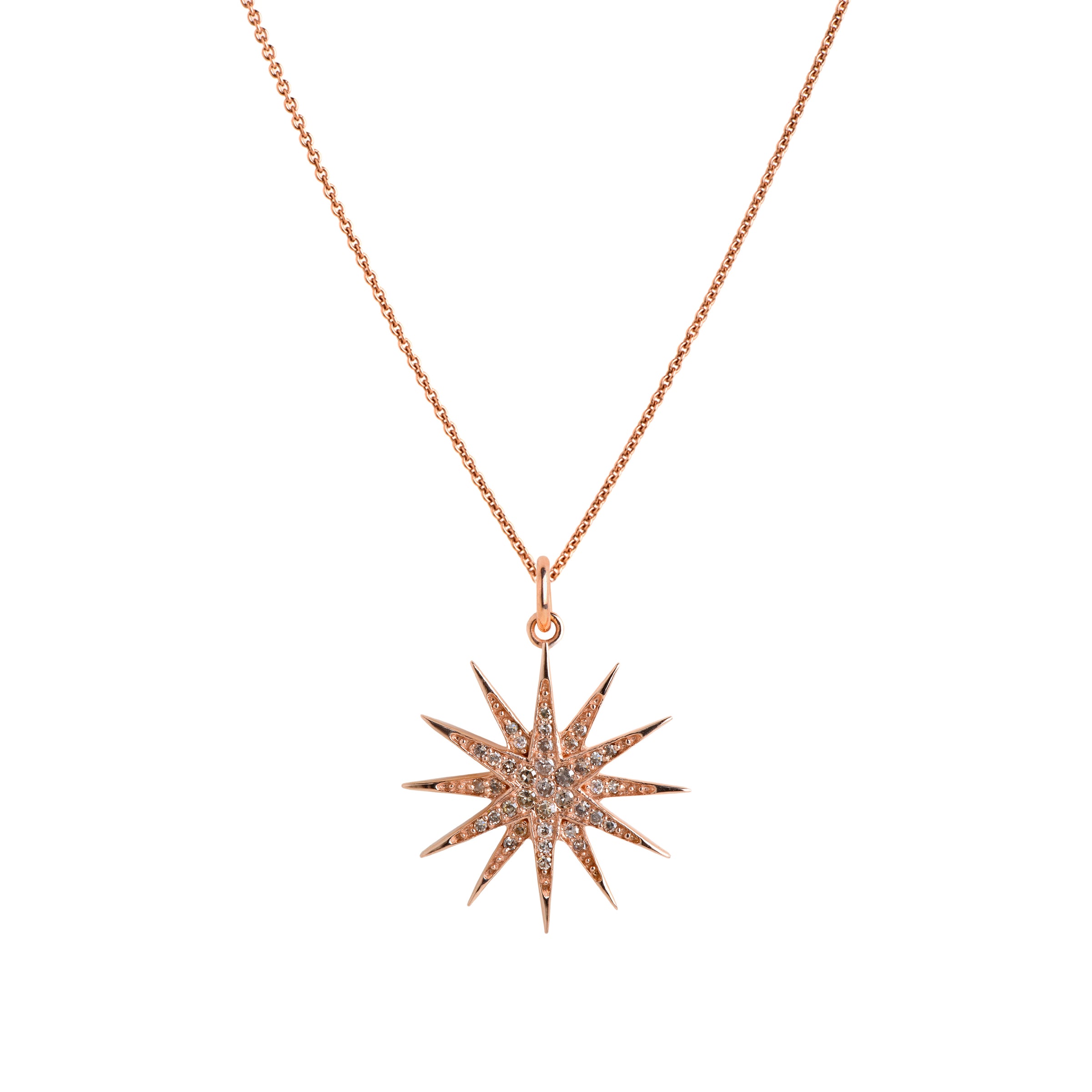Yellow Gold Starburst Diamond Necklace: A 14K gold pendant featuring a starburst-shaped design with diamonds, on a chain.