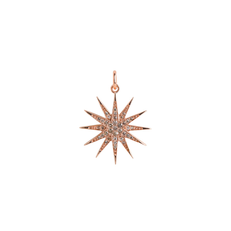 Rose Gold Starburst Diamond Pendant: A 14K gold pendant featuring a starburst-shaped design with diamonds