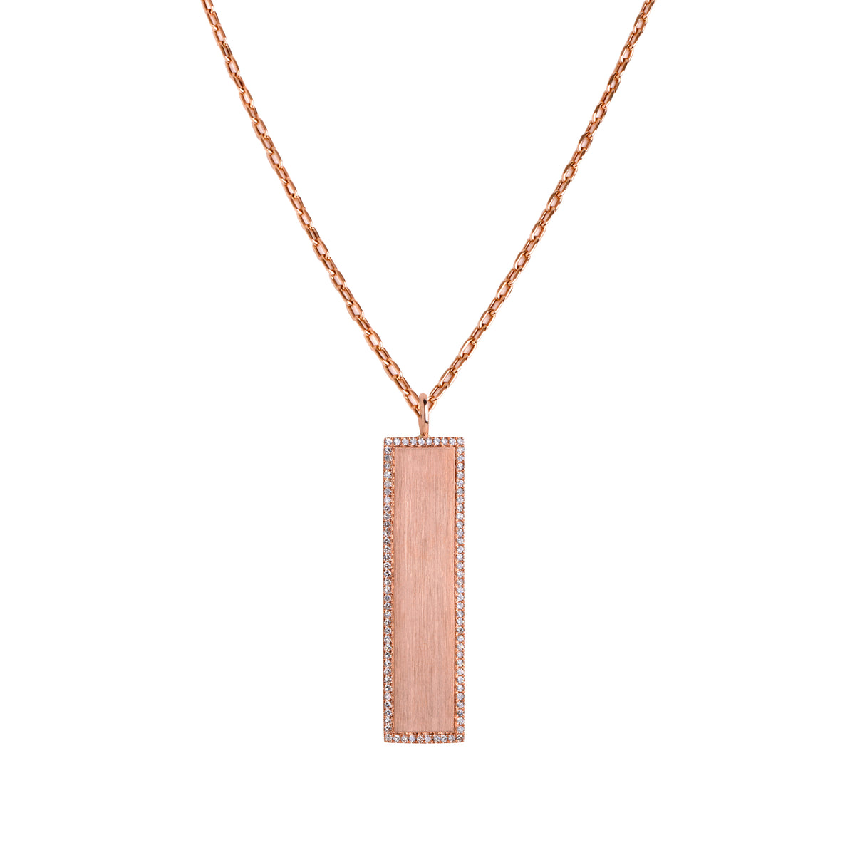 Rose Gold White Diamond Dog Tag Necklace: crafted in 14K gold with a chain, featuring a rectangular pendant with a diamond-encrusted edge.
