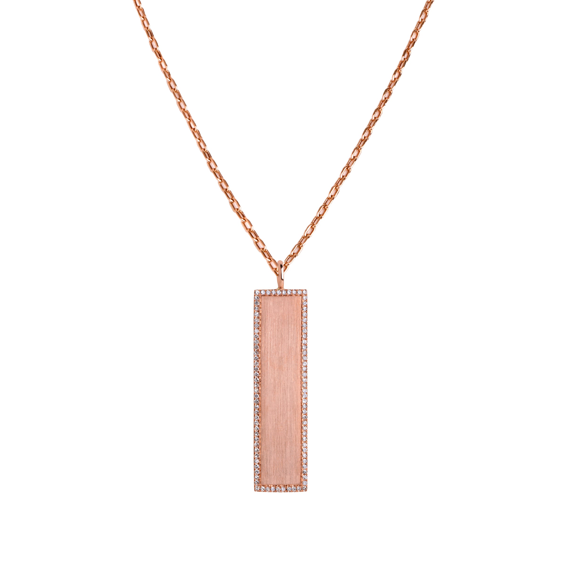 Rose Gold White Diamond Dog Tag Necklace: crafted in 14K gold with a chain, featuring a rectangular pendant with a diamond-encrusted edge.