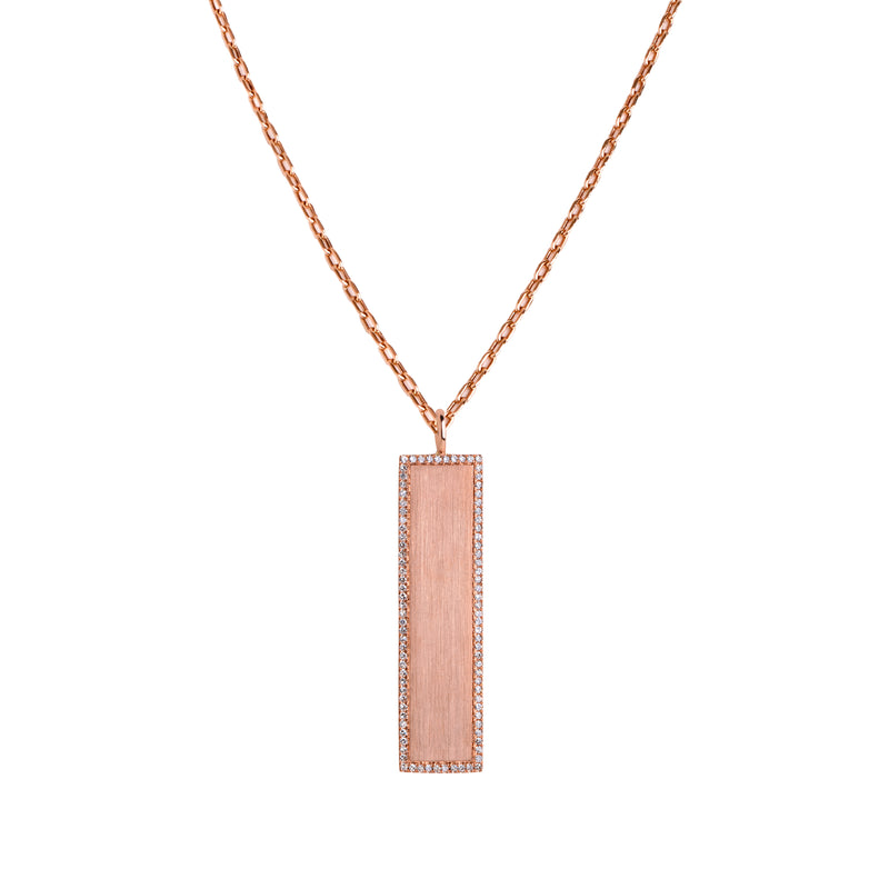 Rose Gold White Diamond Dog Tag Necklace: crafted in 14K gold with a chain, featuring a rectangular pendant with a diamond-encrusted edge.