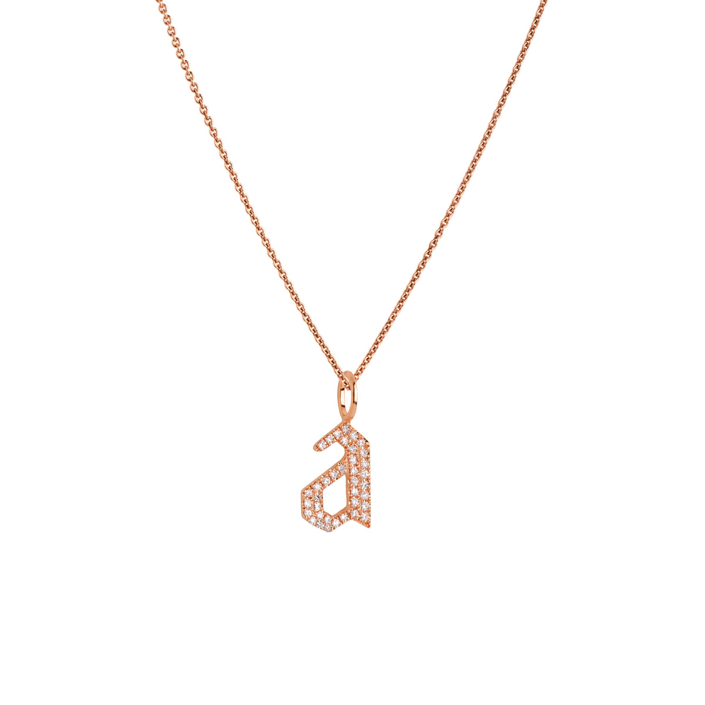 Rose Gold "a" Small White Diamond Alphabet Necklace: A 14K gold diamond alphabet pendant with the letter 'a' with a chain