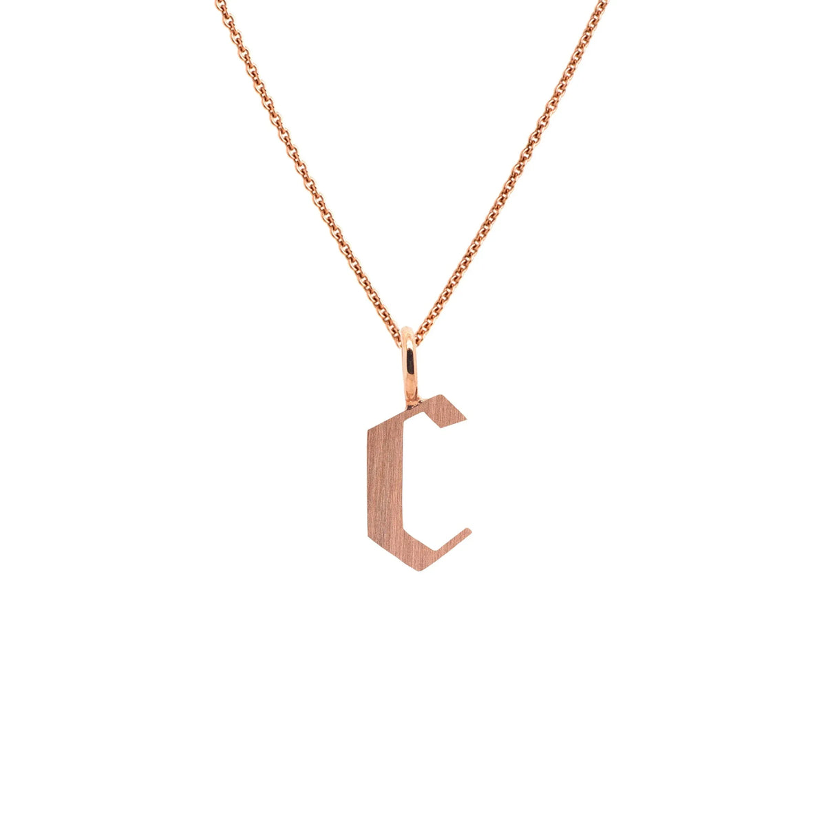 Rose Gold "c" Small Alphabet Necklace: A 14K gold alphabet pendant with the letter 'c' with a chain