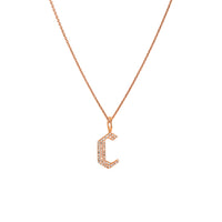 Rose Gold "c" Small White Diamond Alphabet Necklace: A 14K gold diamond alphabet pendant with the letter 'c' with a chain