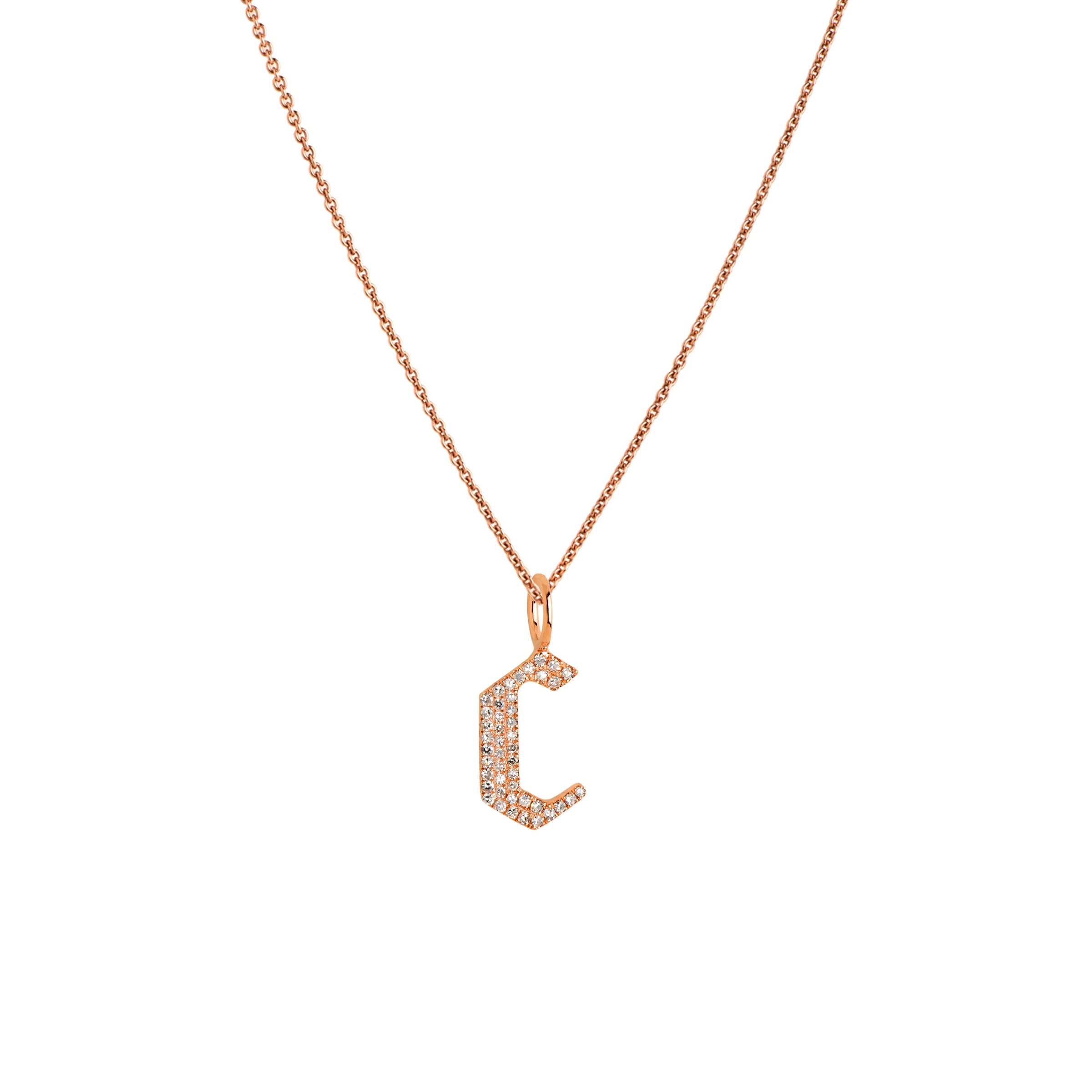 Rose Gold "c" Small White Diamond Alphabet Necklace: A 14K gold diamond alphabet pendant with the letter 'c' with a chain