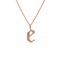 Rose Gold "e" Small Alphabet Necklace: A 14K gold alphabet pendant with the letter 'e' with a chain