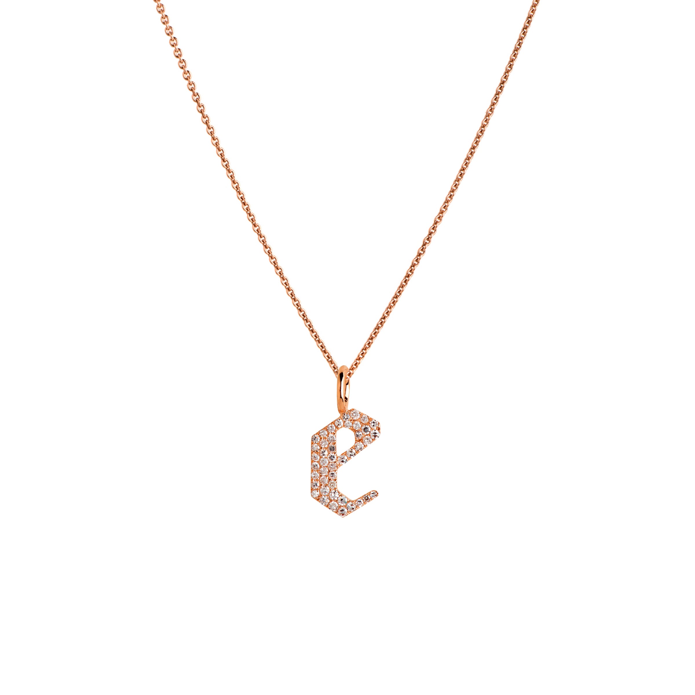 Rose Gold "e" Small White Diamond Alphabet Necklace: A 14K gold diamond alphabet pendant with the letter 'e' with a chain