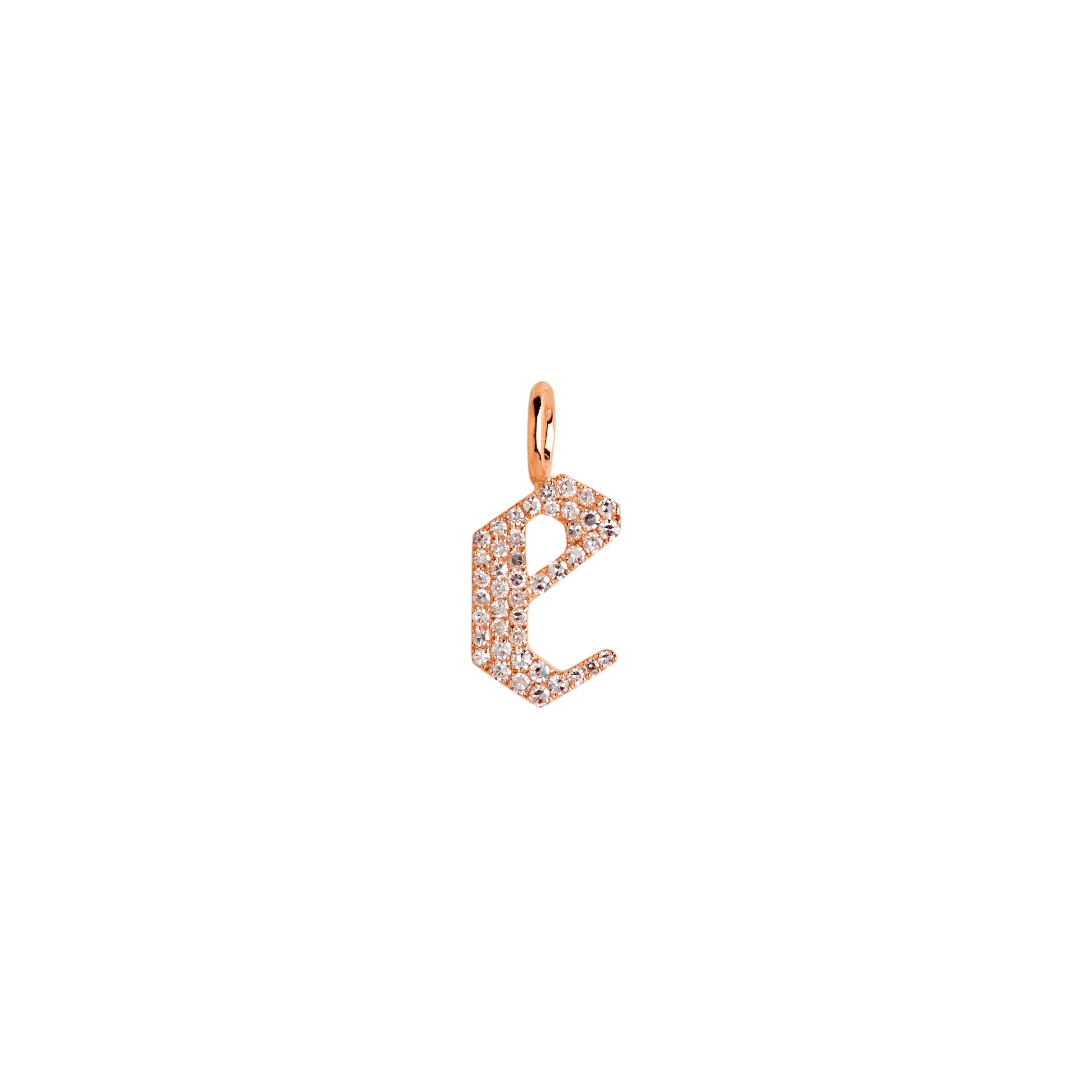 Rose Gold "e" Small White Diamond Alphabet Pendant: A 14K gold diamond alphabet pendant with the letter 'e'