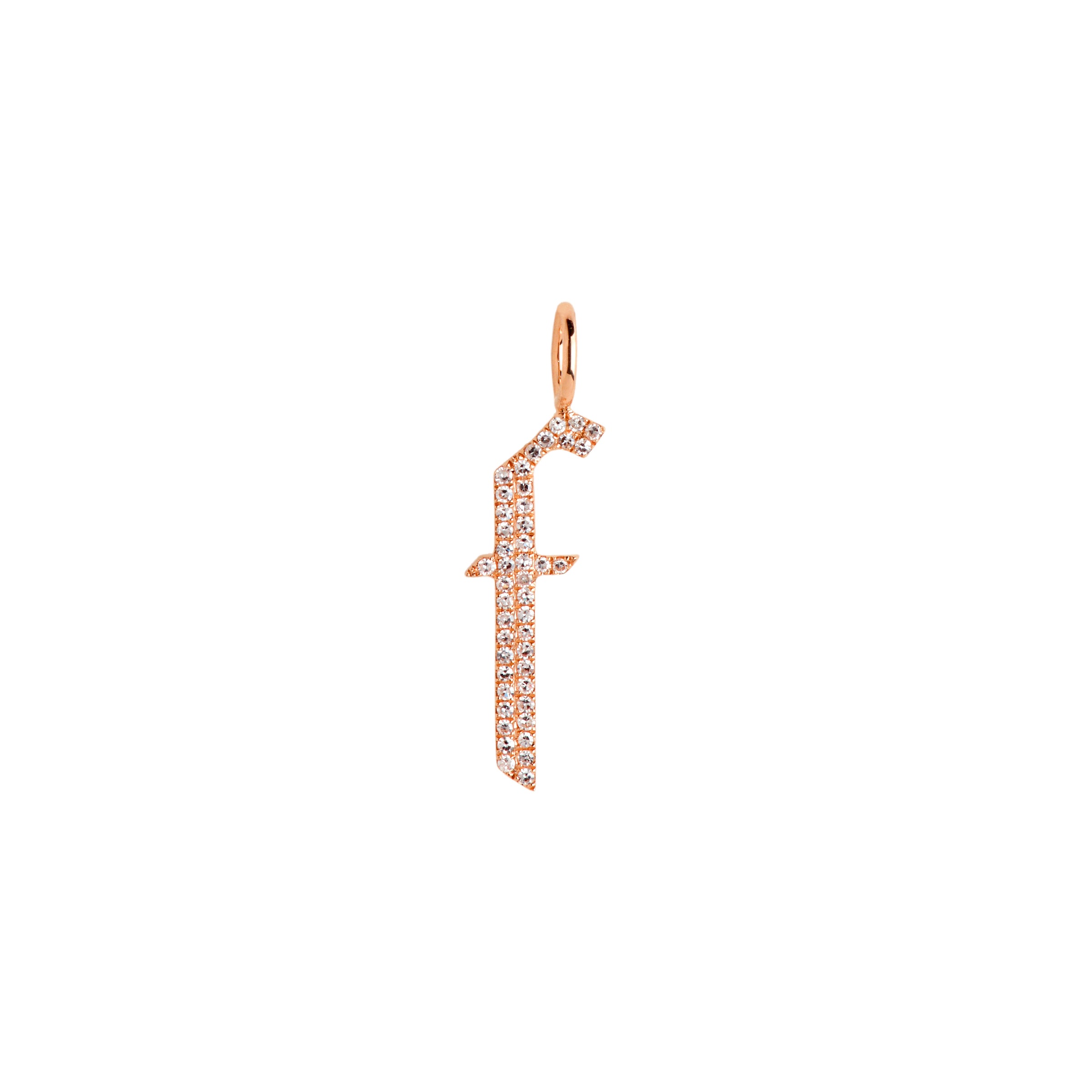 Rose Gold "f" Small White Diamond Alphabet Pendant: A 14K gold diamond alphabet pendant with the letter 'f' 