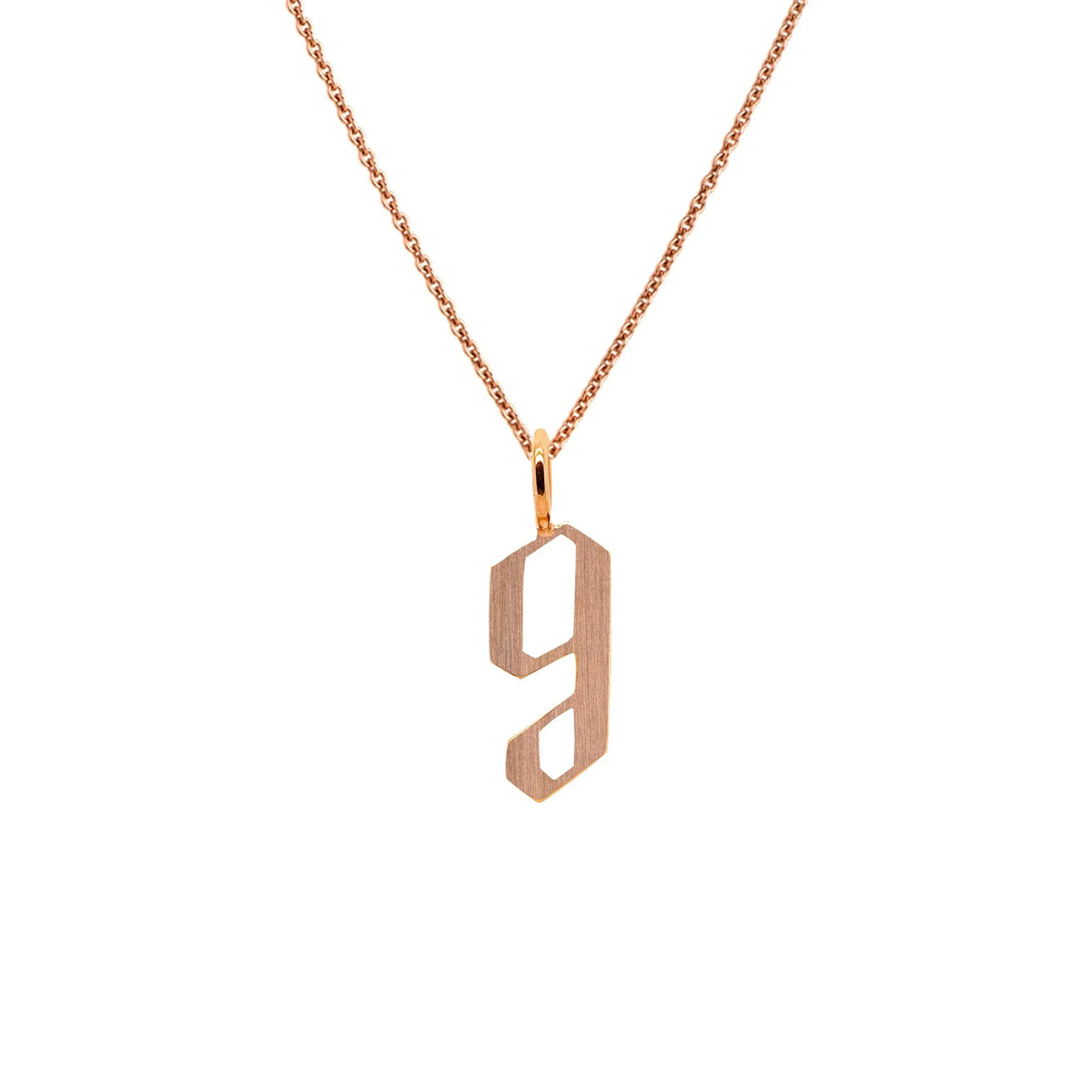 Rose Gold "g" Small Alphabet Necklace: A 14K gold alphabet pendant with the letter 'g' with a chain