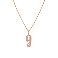 Rose Gold "g" Small White Diamond Alphabet Necklace: A 14K gold diamond alphabet pendant with the letter 'g' with a chain