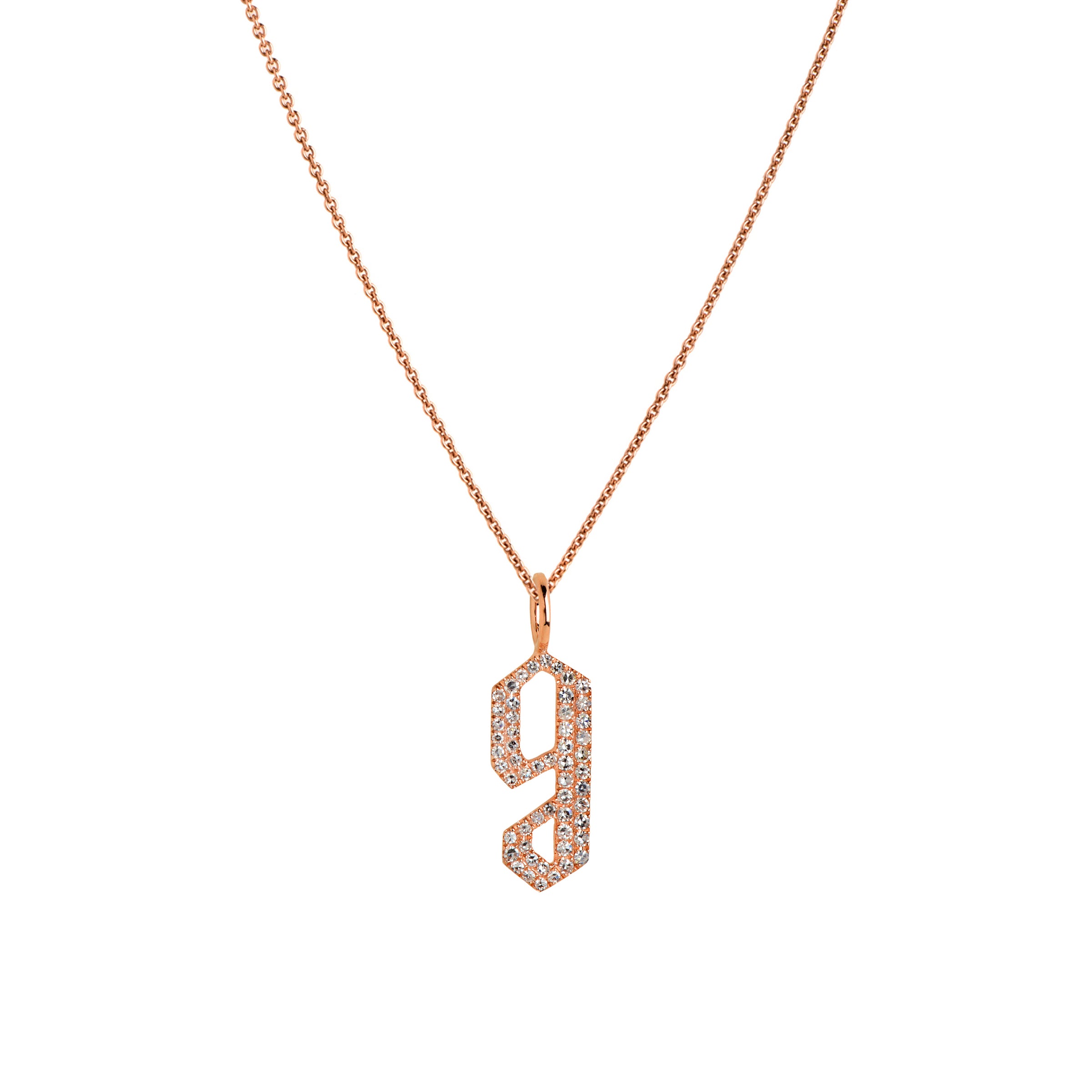 Rose Gold "g" Small White Diamond Alphabet Necklace: A 14K gold diamond alphabet pendant with the letter 'g' with a chain
