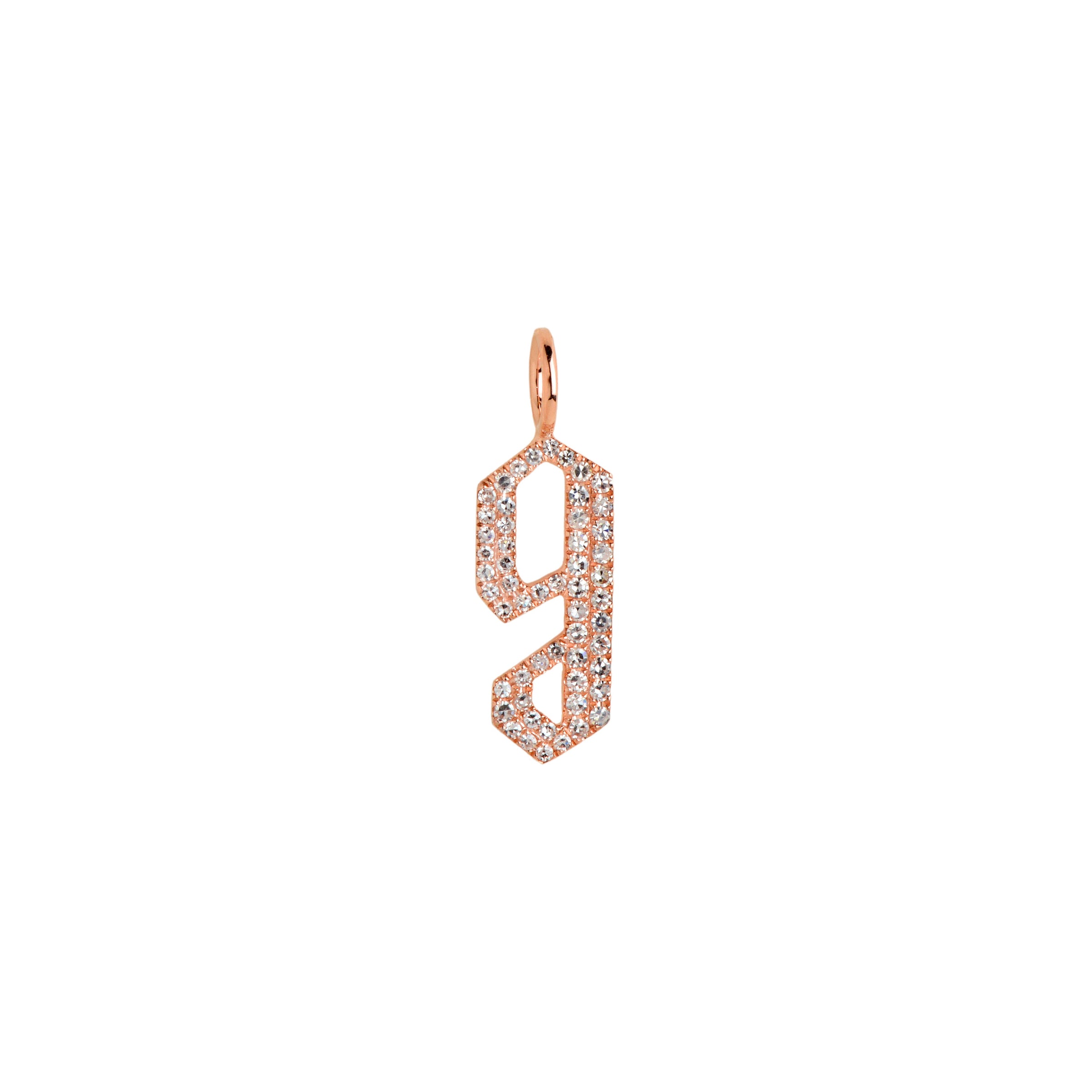 Rose Gold "g" Small White Diamond Alphabet Pendant: A 14K gold diamond alphabet pendant with the letter 'g' 
