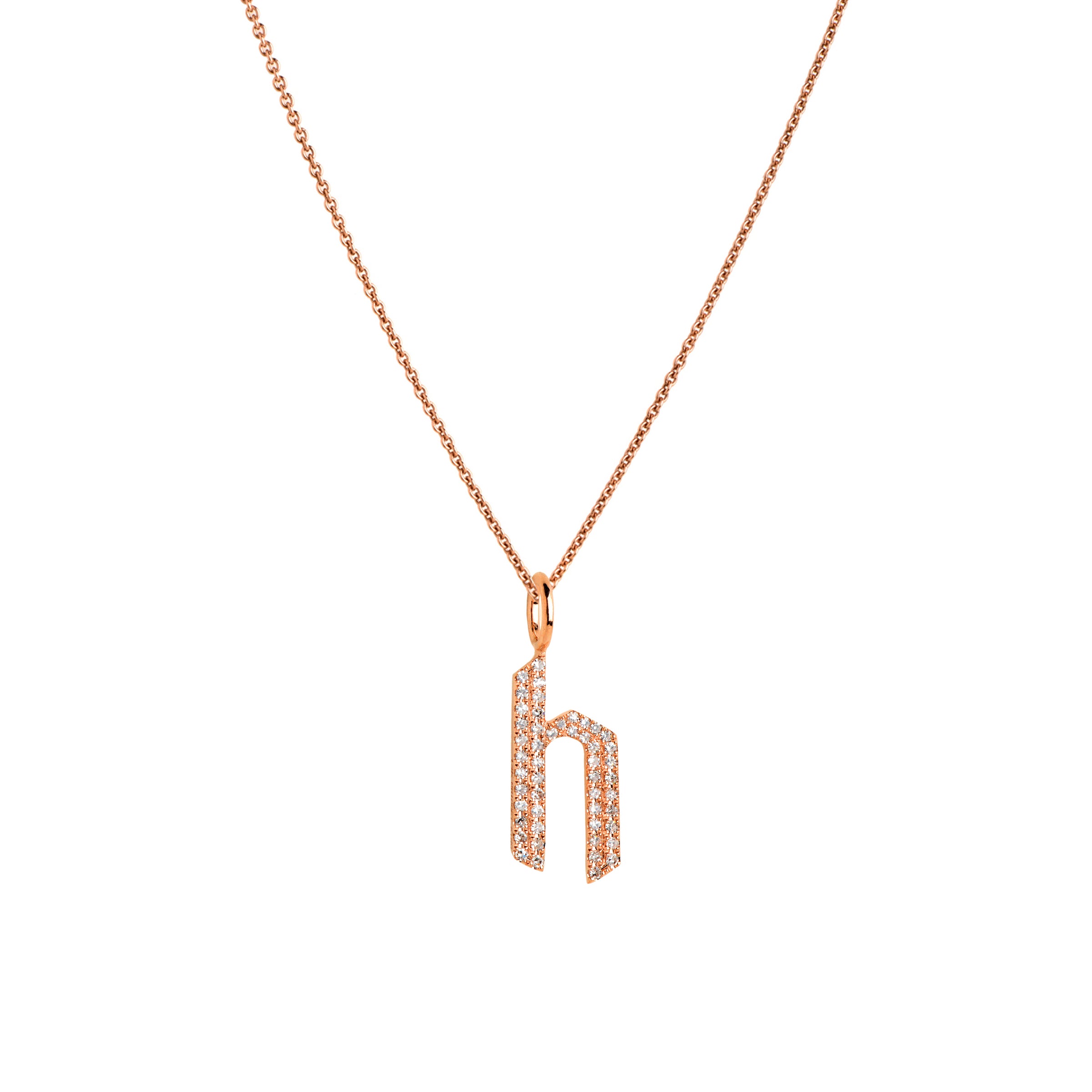 Rose Gold "h" Small White Diamond Alphabet Necklace: A 14K gold diamond alphabet pendant with the letter 'h' with a chain