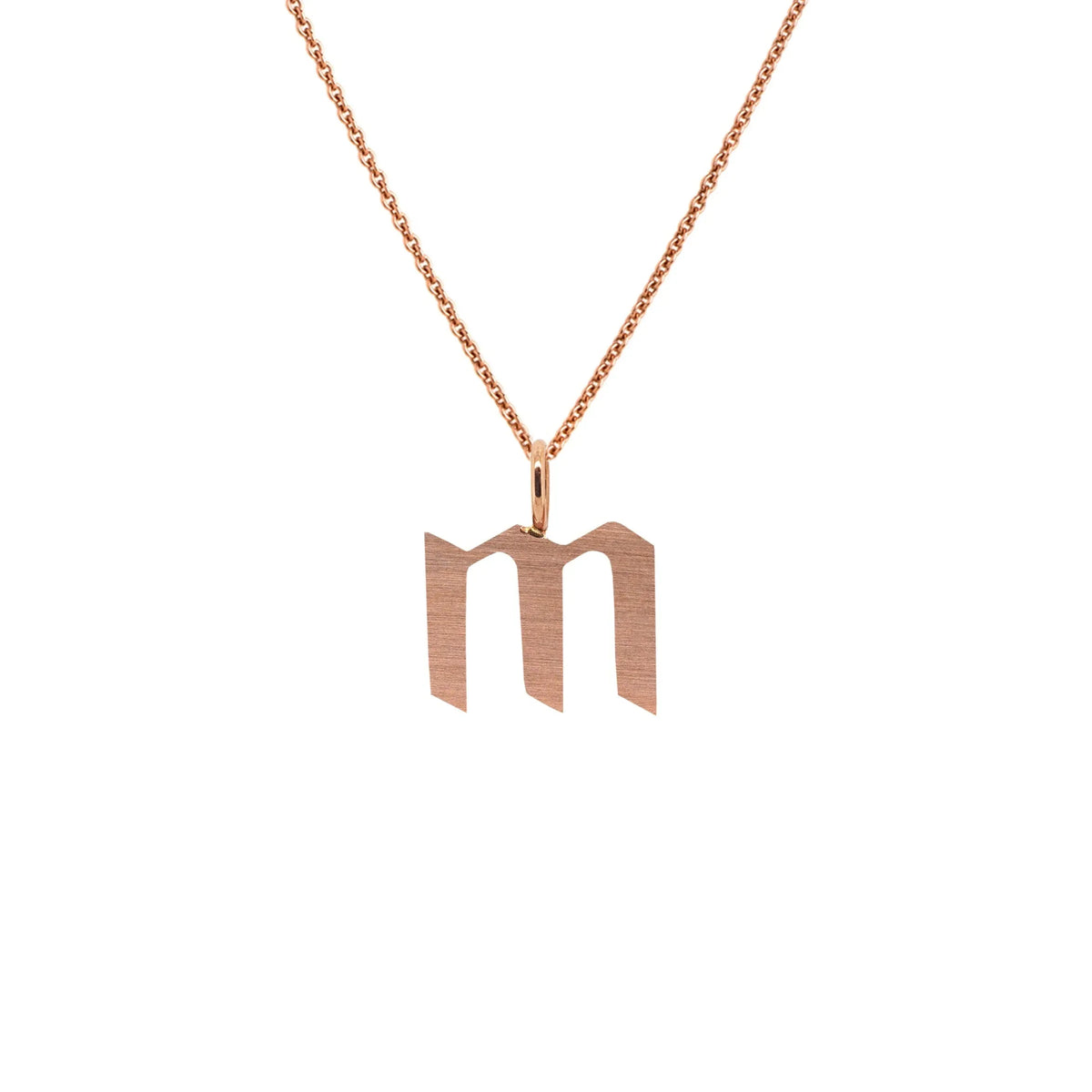Rose Gold "m" Small Alphabet Necklace: A 14K gold alphabet pendant with the letter 'm' with a chain