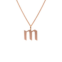 Rose Gold "m" Small Alphabet Necklace: A 14K gold alphabet pendant with the letter 'm' with a chain