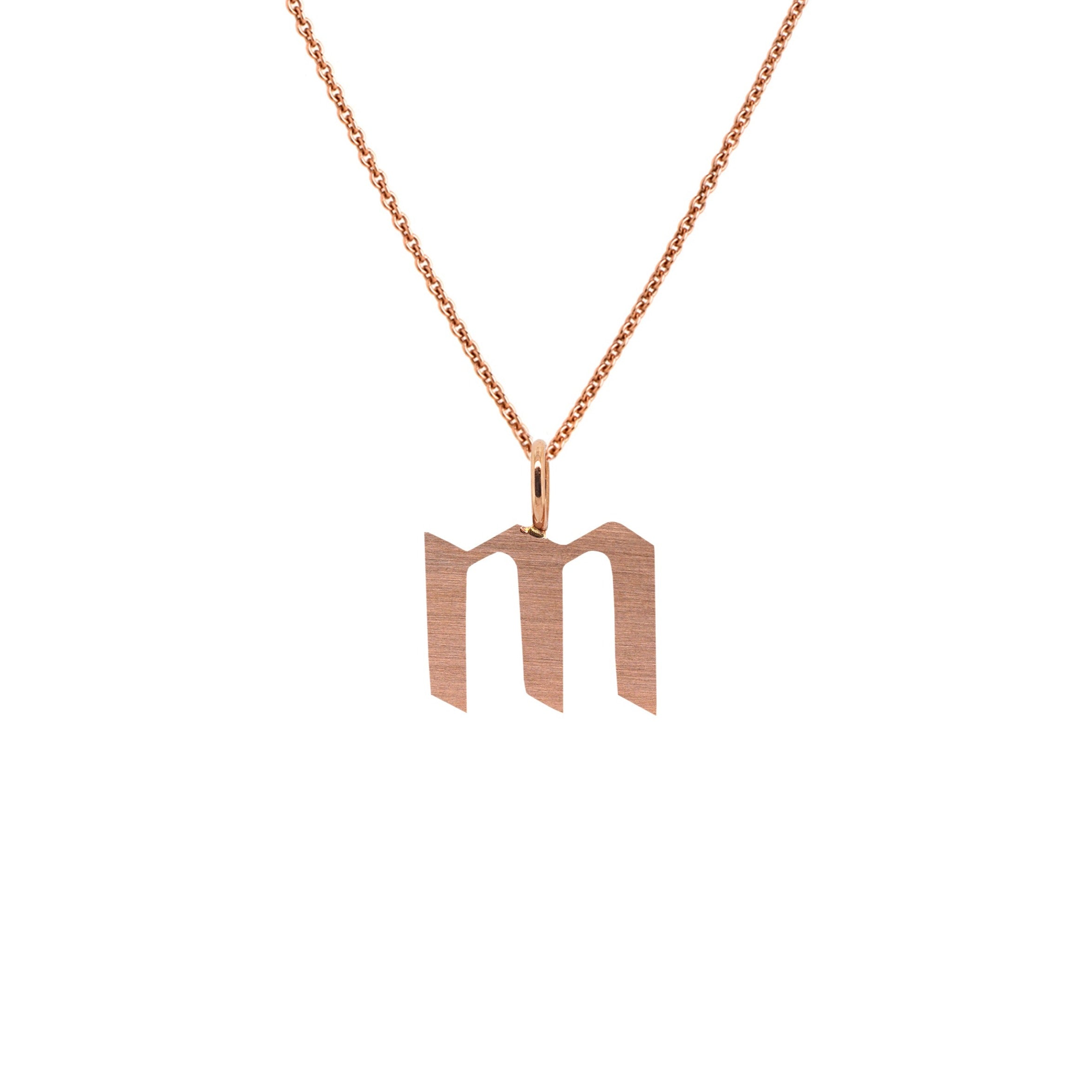 Rose Gold "m" Small Alphabet Necklace: A 14K gold alphabet pendant with the letter 'm' with a chain