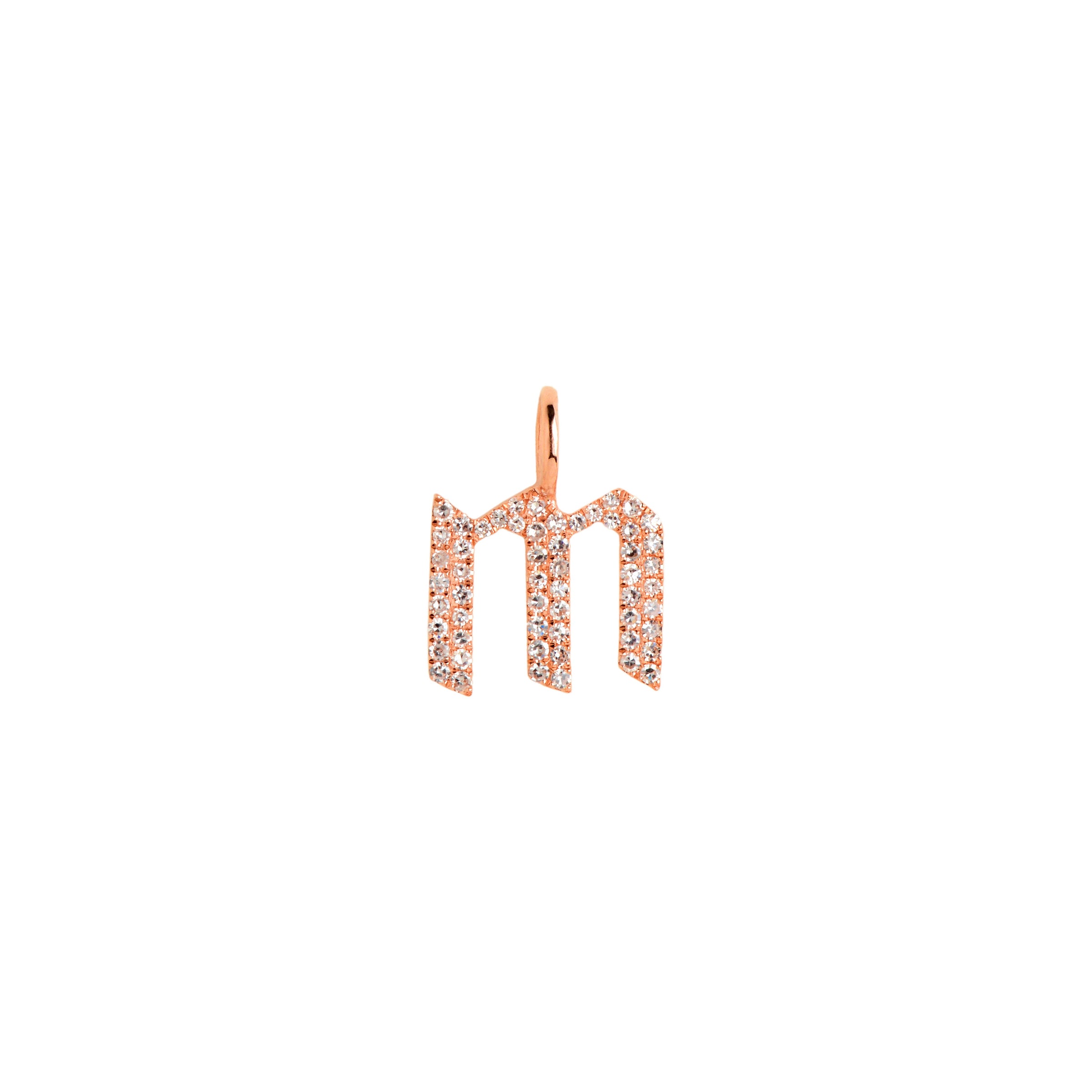 Rose Gold "m" Small White Diamond Alphabet Pendant: A 14K gold diamond alphabet pendant with the letter 'm' 