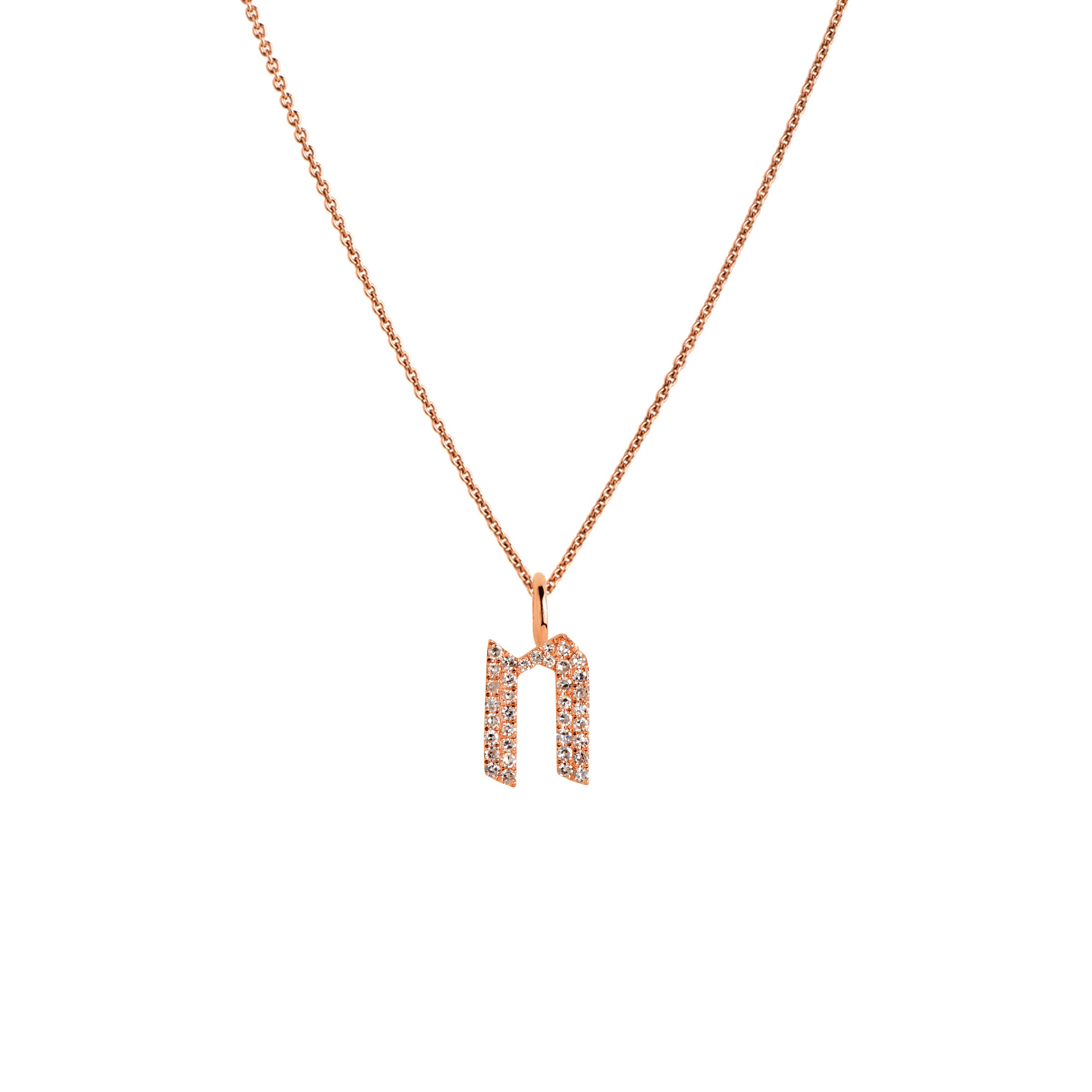 Rose Gold "n" Small White Diamond Alphabet Necklace: A 14K gold diamond alphabet pendant with the letter 'n' with a chain