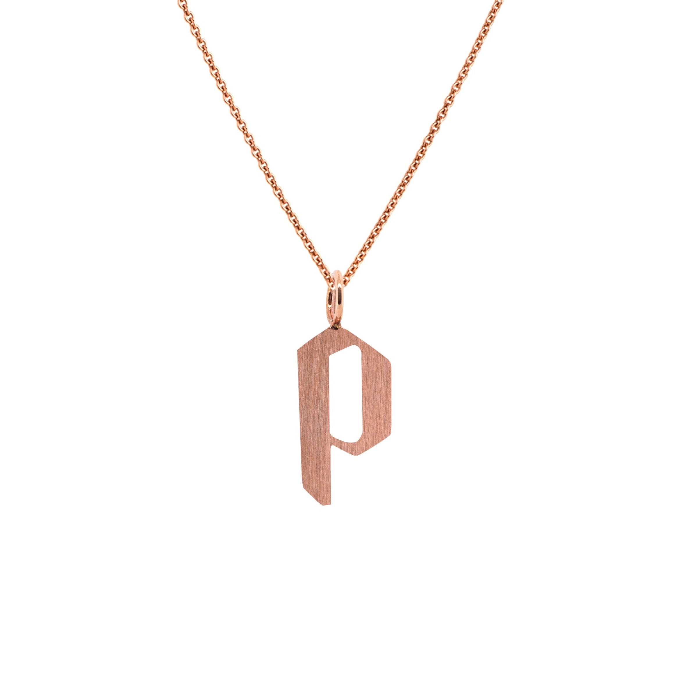 Rose Gold "p" Small Alphabet Necklace: A 14K gold alphabet pendant with the letter 'p' with a chain
