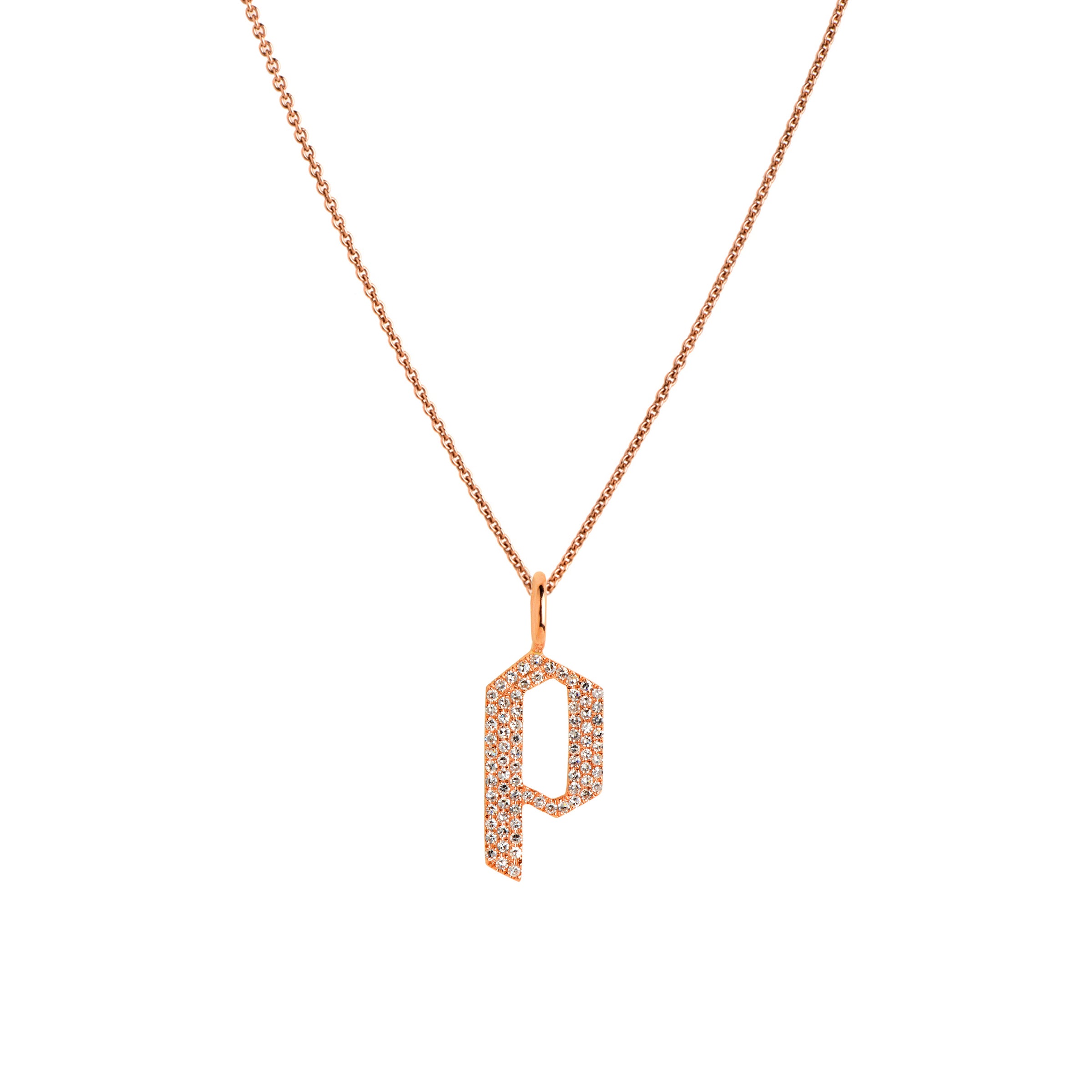 Rose Gold "p" Small White Diamond Alphabet Necklace: A 14K gold diamond alphabet pendant with the letter 'p' with a chain