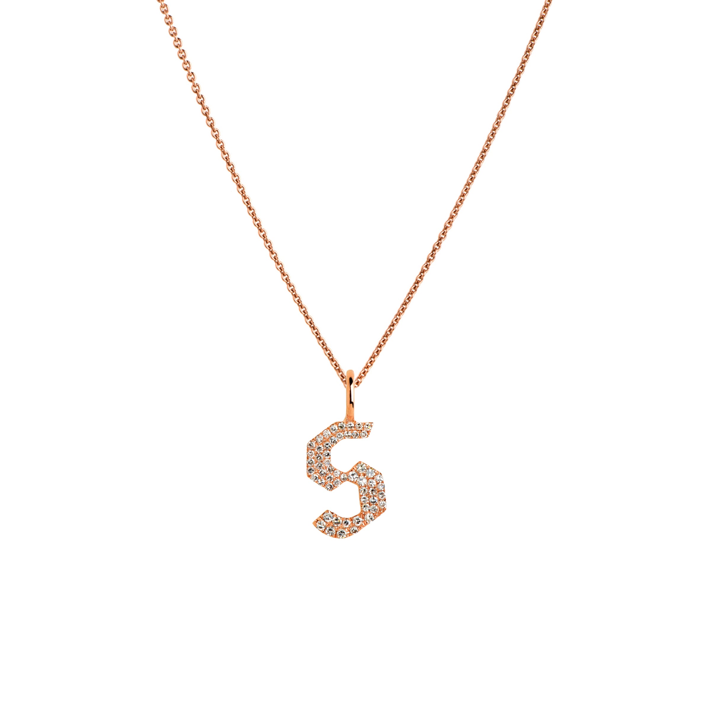 Rose Gold "s" Small White Diamond Alphabet Necklace: A 14K gold diamond alphabet pendant with the letter 's' with a chain