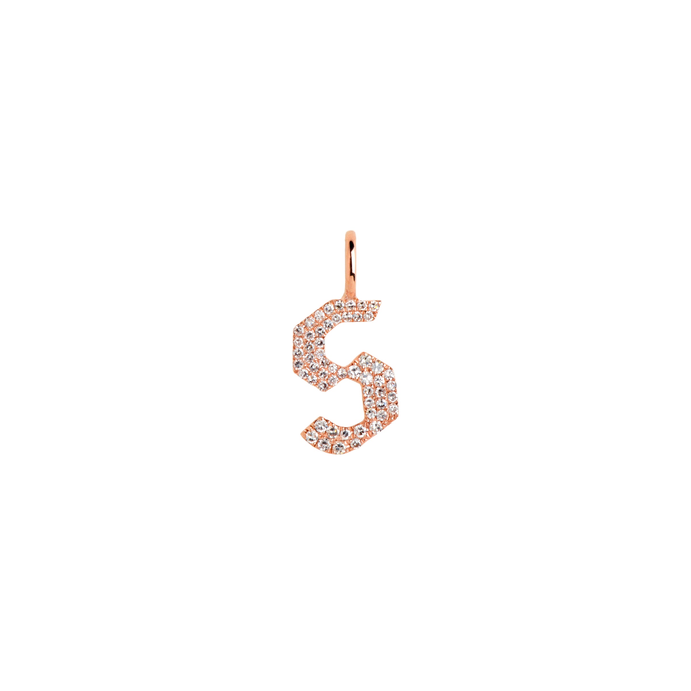 Rose Gold "s" Small White Diamond Alphabet Pendant: A 14K gold diamond alphabet pendant with the letter 's' 