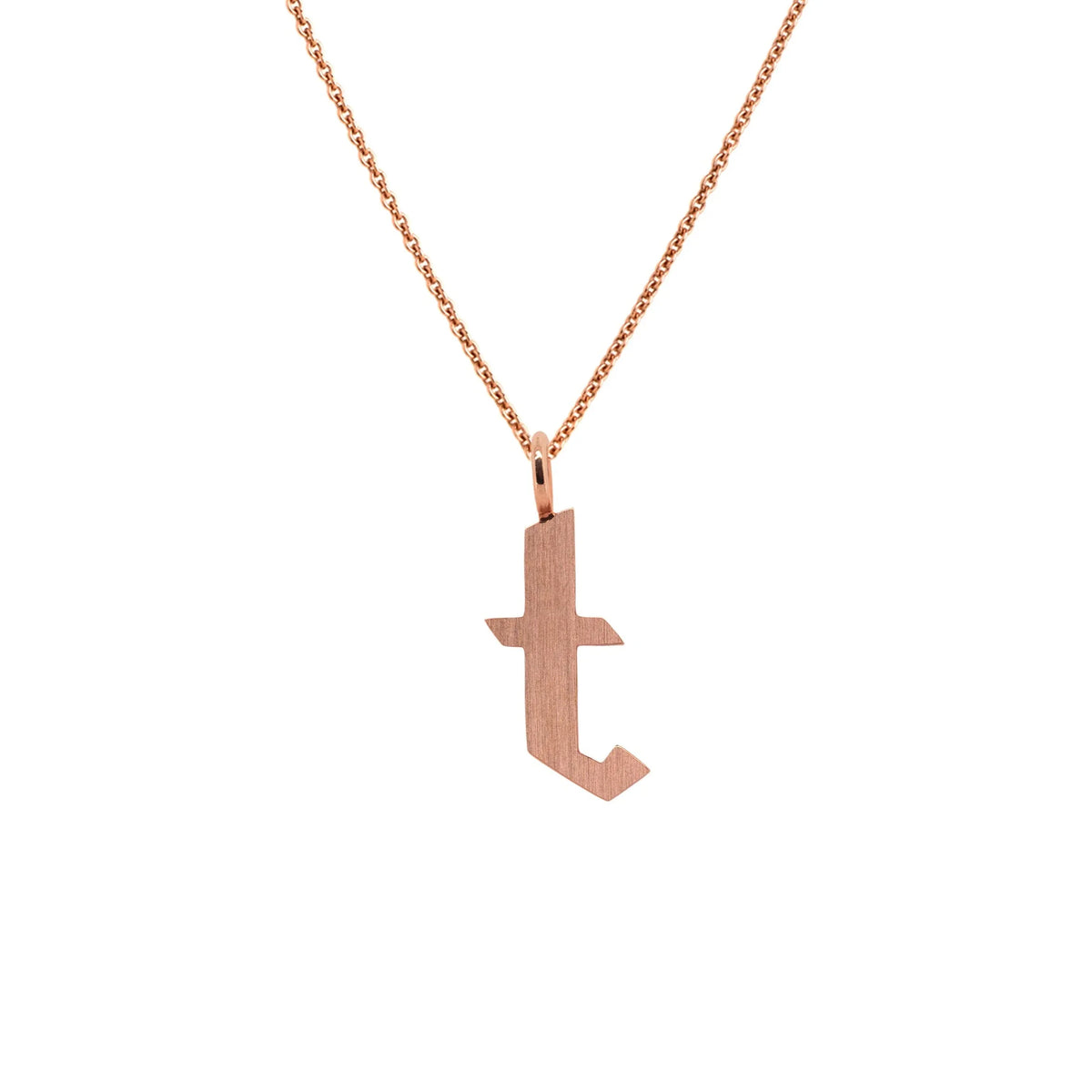Rose Gold "t" Small Alphabet Necklace: A 14K gold alphabet pendant with the letter 't' with a chain