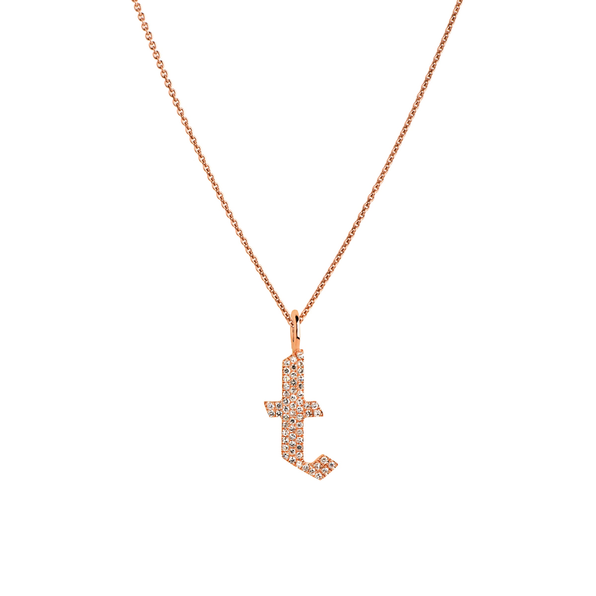 Rose Gold "t" Small White Diamond Alphabet Necklace: A 14K gold diamond alphabet pendant with the letter 't' with a chain