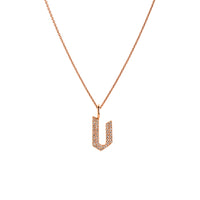 Rose Gold "v" Small White Diamond Alphabet Necklace: A 14K gold diamond alphabet pendant with the letter 'v' with a chain