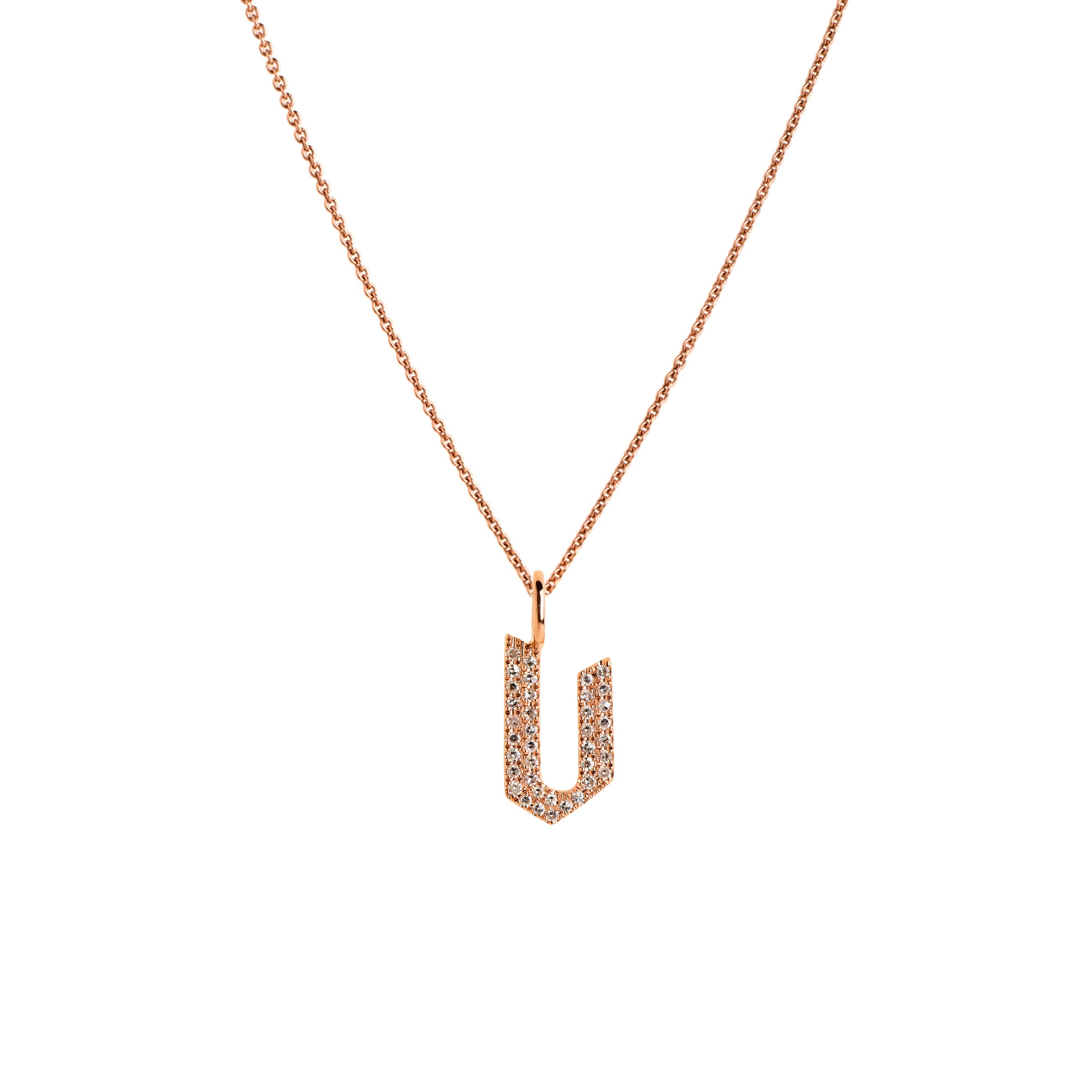 Rose Gold "v" Small White Diamond Alphabet Necklace: A 14K gold diamond alphabet pendant with the letter 'v' with a chain