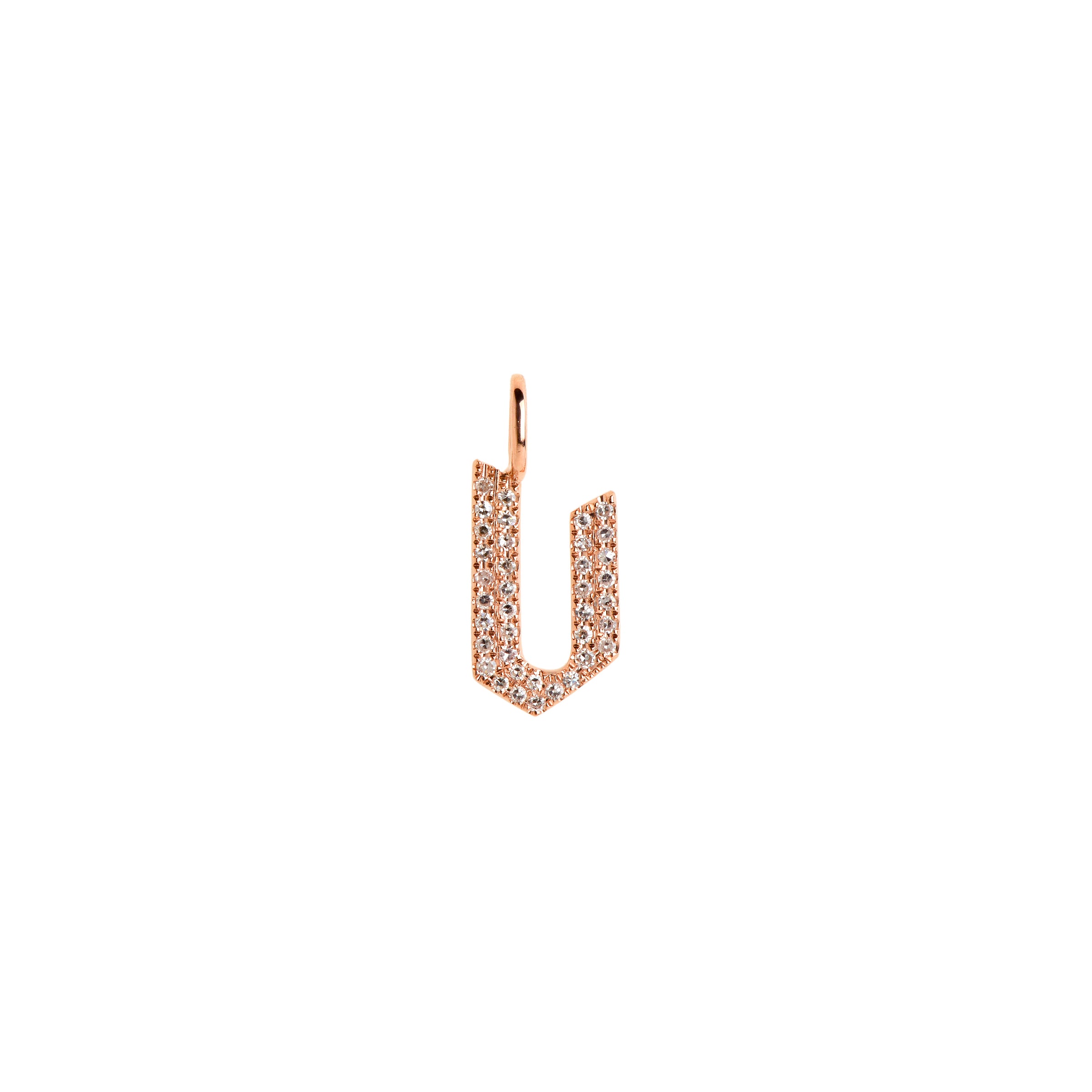 Rose Gold "v" Small White Diamond Alphabet Pendant: A 14K gold diamond alphabet pendant with the letter 'v' 